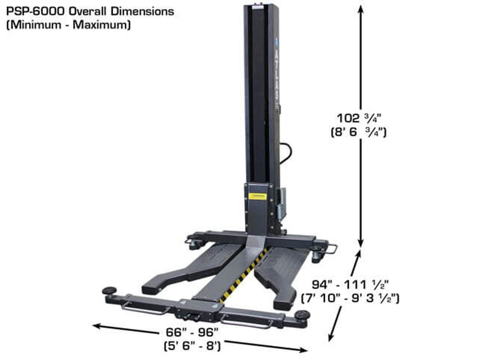 Atlas PSP-6000 6,000 lb Portable Single-Post Lift | Atlas Automotive Equipment ATEXH-PSP-6000-FPD