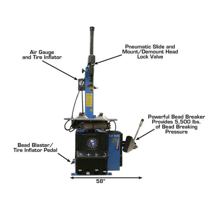 Atlas Automotive Equipment TC755 Tilt-Back Rim-Clamp Tire Changer – Automatic Tire Machine with Bead Blaster (ATTC755)