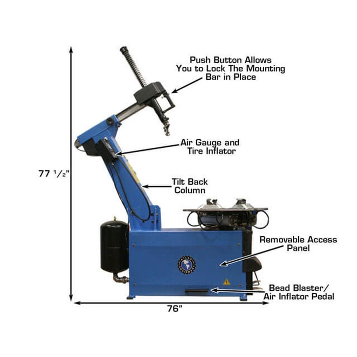 Atlas Automotive Equipment TC755 Tilt-Back Rim-Clamp Tire Changer – Automatic Tire Machine with Bead Blaster (ATTC755)