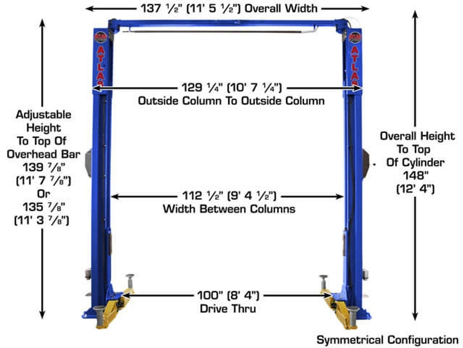 Atlas Automotive Equipment Platinum PVL10 ALI Certified 10,000 lb. Capacity 2-Post Lift (Model: AP-PVL10-2/3)