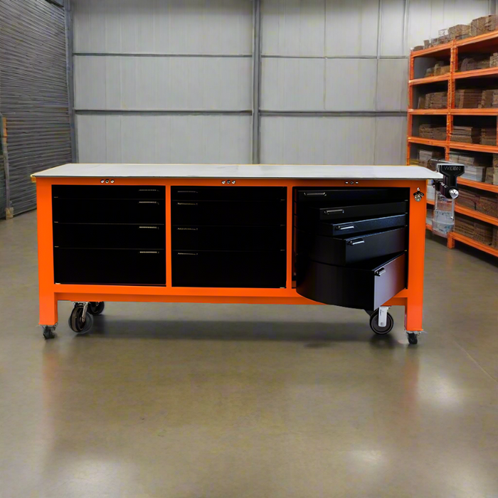 Work Bench | 8ft. Long with Casters | 3'' Drawers and Keyed Locked| BADASS Workbench 3BAYKL-WC