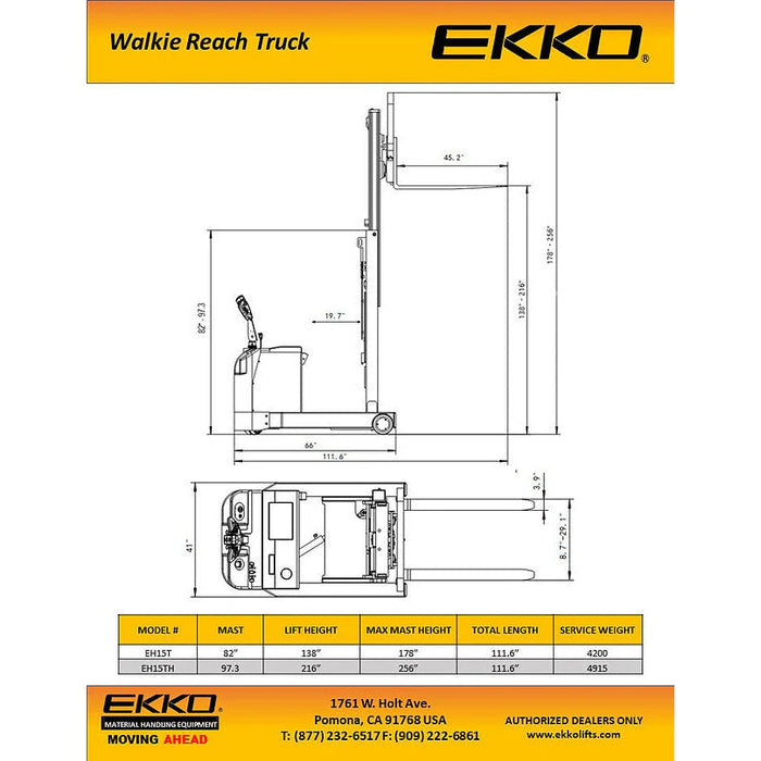 Electric Walkie Reach Truck | 3300 lbs. Capacity | Lift Height 216''| EKKO EH15TH