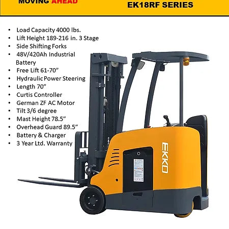 Stand-up Rider Forklift | 4000 lbs Capacity | Raised Height 216'' | EKKO EK18RF