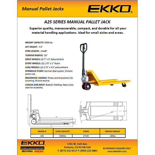 Manual Pallet Jack | 5500 lbs Capacity | Raised Height 7.5'' | EKKO A25