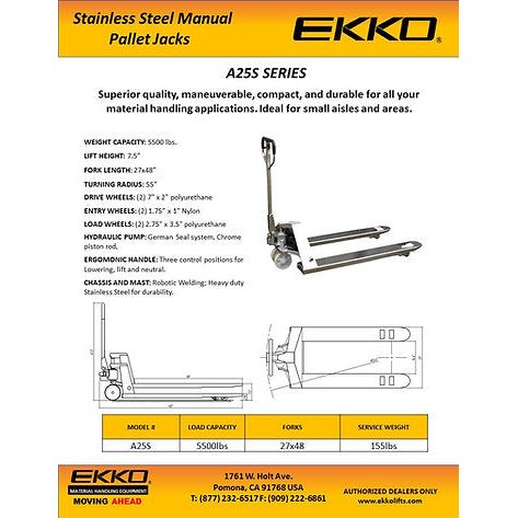 Manual Pallet Jack | Stainless Steel |5500 lbs Capacity | EKKO A25S