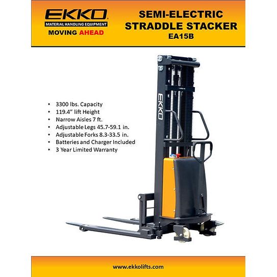 Semi-Electric Straddle Stacker | 3300 lbs Capacity | Lift Height 119.4'' | EKKO EA15B
