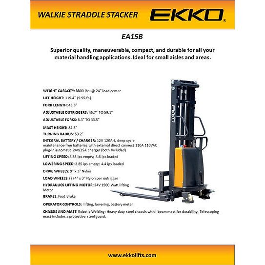 Semi-Electric Straddle Stacker | 3300 lbs Capacity | Lift Height 119.4'' | EKKO EA15B