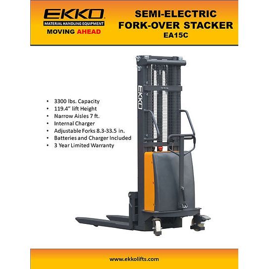 Semi-Electric Fork-Over Stacker | 3300 lbs Capacity | Lift Height 119.3'' | EKKO EA15C