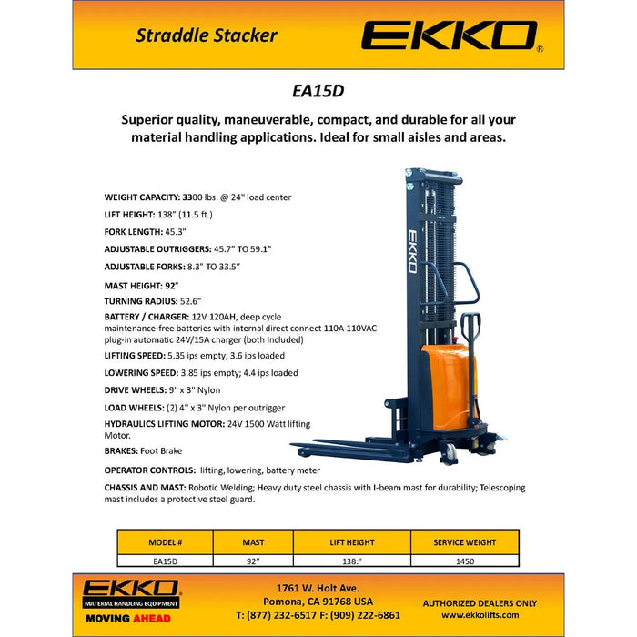 Semi-Electric Straddle Stacker | 3300 lbs Capacity | Lift Height 138'' | EKKO EA15D