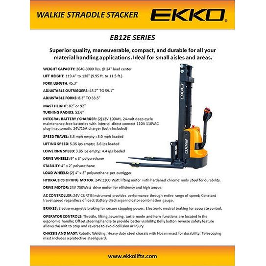 Electric Straddle Stacker | 2640 lbs Capacity | Lift Height 138'' | EKKO EB12E-138