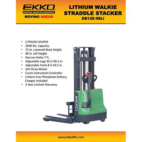 Electric Straddle Stacker | 2640 lbs Capacity | Lift Height 98'' | EKKO EB12E-98Li