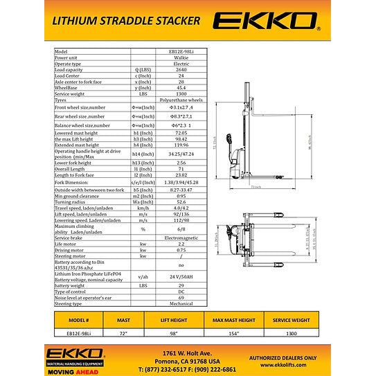 Electric Straddle Stacker | 2640 lbs Capacity | Lift Height 98'' | EKKO EB12E-98Li