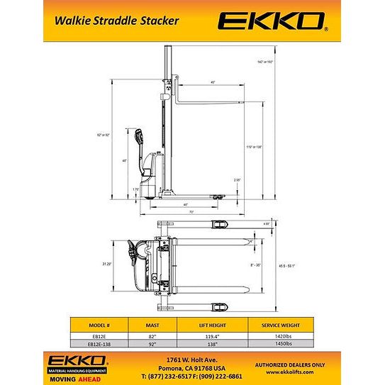 Electric Straddle Stacker | 2640 lbs Capacity | Lift Height 119.4'' | EKKO EB12E