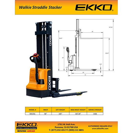 Electric Straddle Stacker | 3000 lbs Capacity | Lift Height 145.67'' | EKKO EB12EA