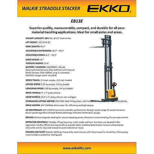 Electric Straddle Stacker | 2800 lbs Capacity | Lift Height 138'' | EKKO EB13E-138