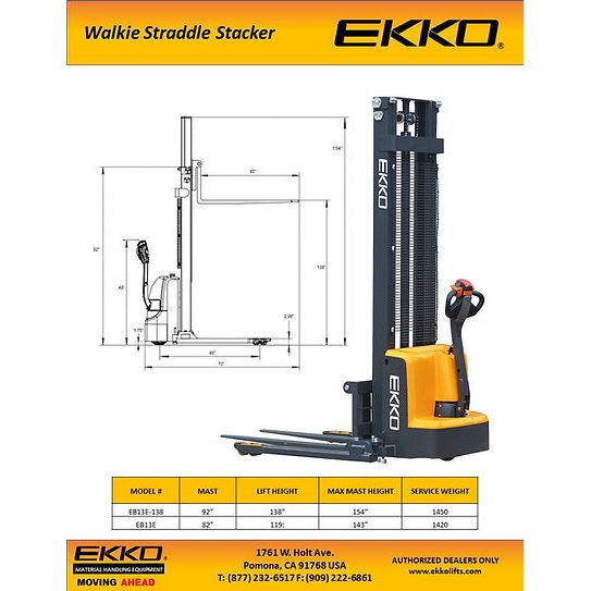 Electric Straddle Stacker | 2800 lbs Capacity | Lift Height 119'' | EKKO EB13E