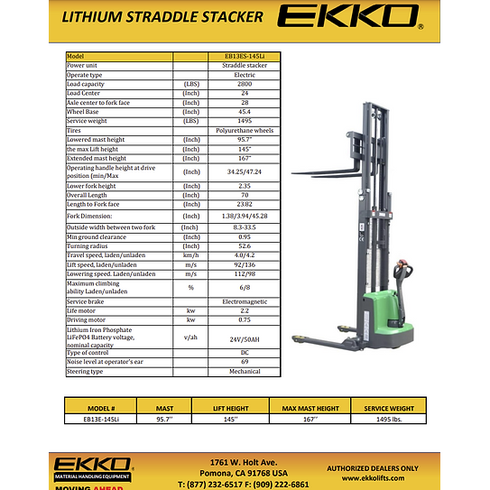 Electric Straddle Stacker | 2800 lbs Capacity | Lift Height 145'' | EKKO EB13ES-145Li