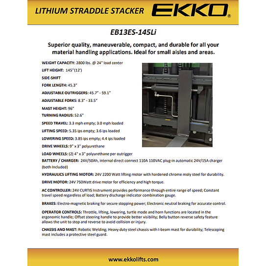 Electric Straddle Stacker | 2800 lbs Capacity | Lift Height 145'' | EKKO EB13ES-145Li
