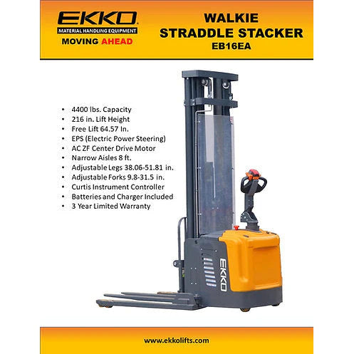 Electric Straddle Stacker | 4400 lbs Capacity | Lift Height 216'' | EKKO EB16EA