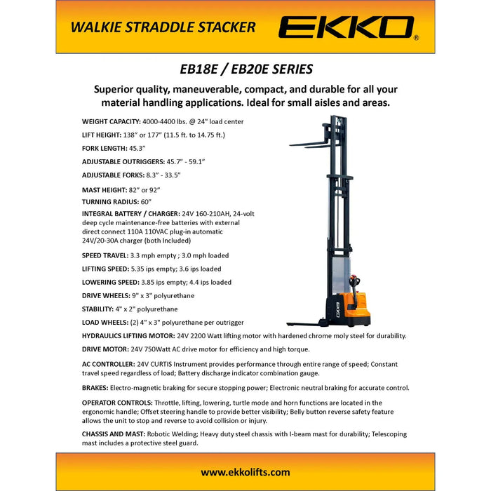 Electric Straddle Stacker | 4400 lbs Capacity | Lift Height 177'' | EKKO EB20E