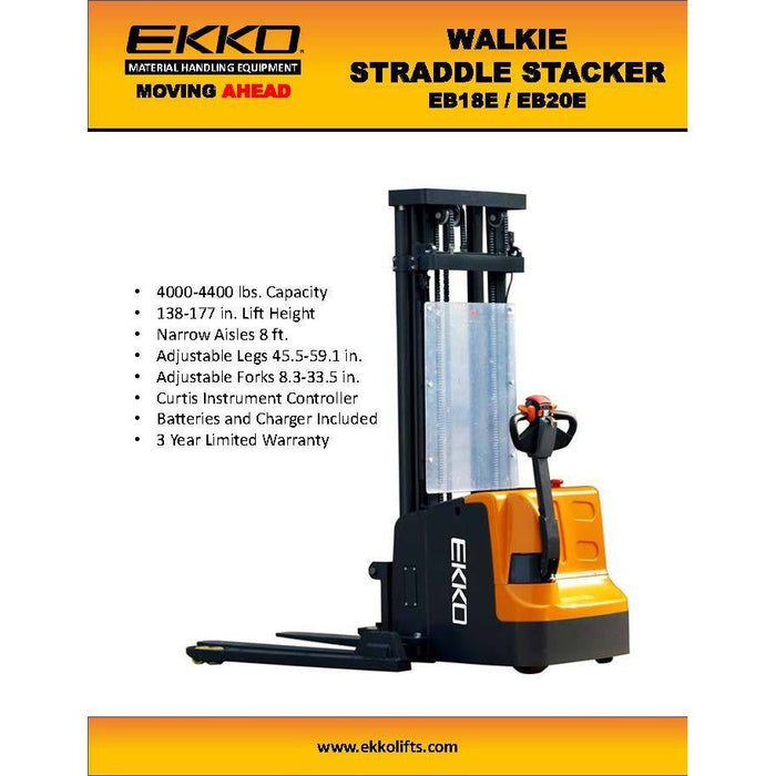 Electric Straddle Stacker | 4000 lbs Capacity | Lift Height 138'' | EKKO EB18E