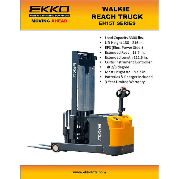 Electric Walkie Reach Truck | 3300 lbs. Capacity | Lift Height 138''| EKKO EH15T