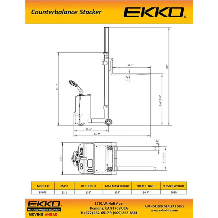 Electric Counterbalanced Walkie Stacker | 1550 lbs. Capacity |Lifting Height 118''| EKKO EK07S