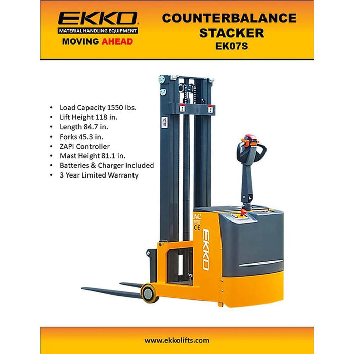 Electric Counterbalanced Walkie Stacker | 1550 lbs. Capacity |Lifting Height 118''| EKKO EK07S