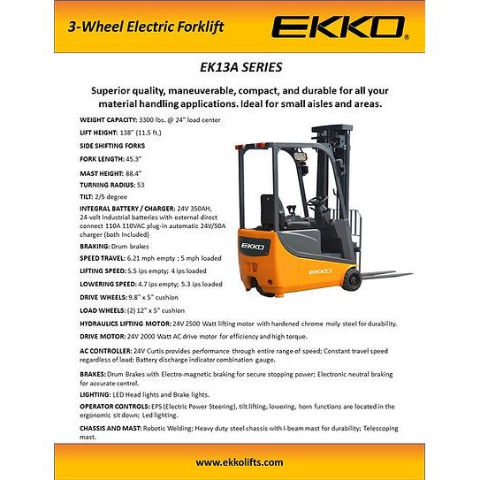 Electric Forklift | 3300 lbs. Capacity | Lift Height 138'' | EKKO EK13A
