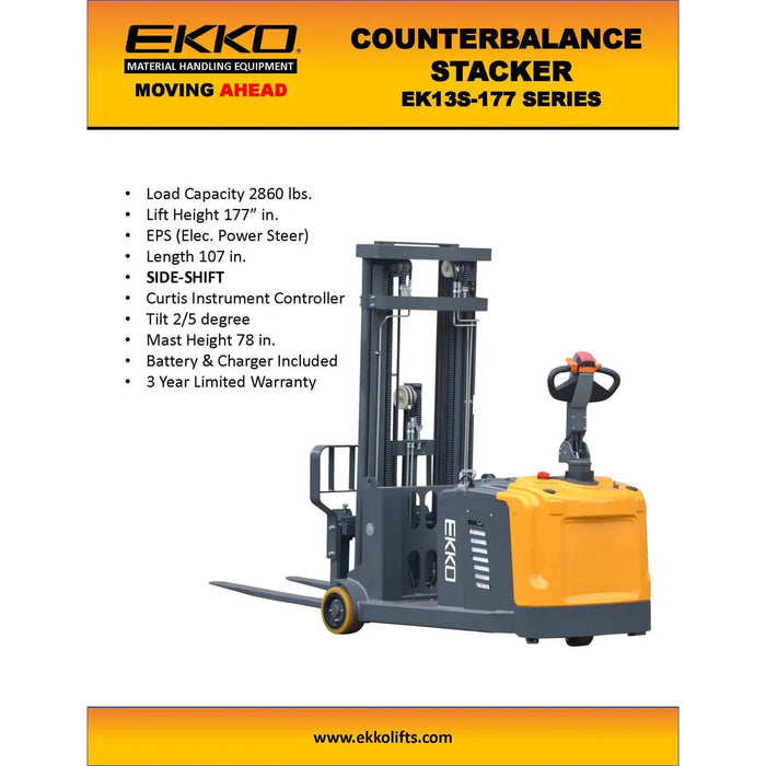Electric Counterbalanced Walkie Stacker | 2860 lbs. Capacity |Lifting Height 177''| EKKO EK13S-177