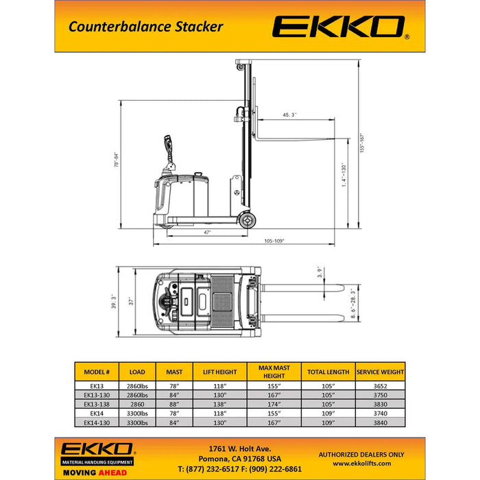 Electric Counterbalanced Walkie Stacker | 3300 lbs. Capacity | Lifting Height 130''| EKKO EK14-130