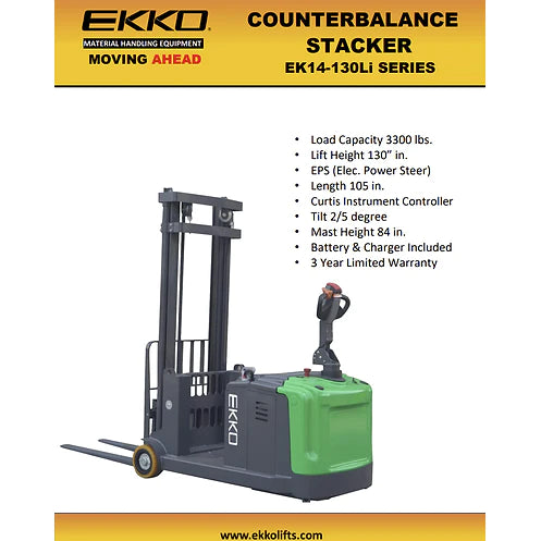 Electric Counterbalanced Walkie Stacker |Lithium | 3300 lbs. Capacity |Lifting Height 130''| EKKO EK14-130LI