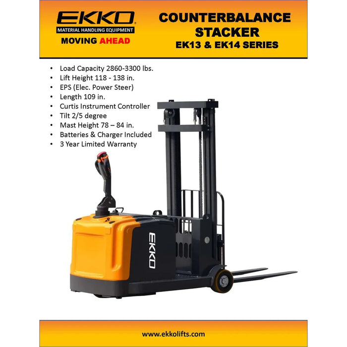 Electric Counterbalanced Walkie Stacker | 3300 lbs. Capacity |Lifting Height 138''| EKKO EK14-138