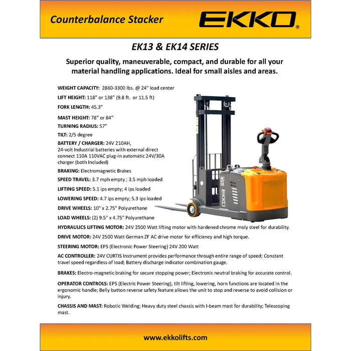 Electric Counterbalanced Walkie Stacker | 3300 lbs. Capacity |Lifting Height 138''| EKKO EK14-138