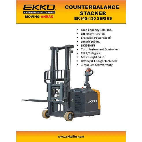 Electric Counterbalanced Walkie Stacker | 3300 lbs. Capacity |Lifting Height 130''| EKKO EK14S-130