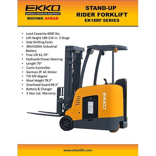 Electric Forklift | Stand up Rider | 4000 lbs. Capacity | Lift Height 189'' | EKKO EK18RFL