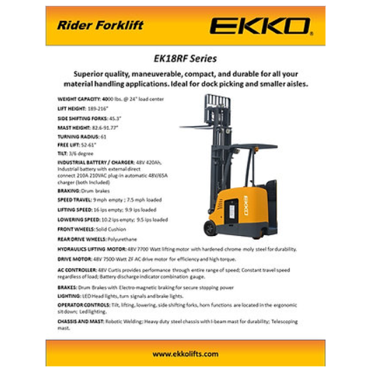 Electric Forklift | Stand up Rider | 4000 lbs. Capacity | Lift Height 189'' | EKKO EK18RFL