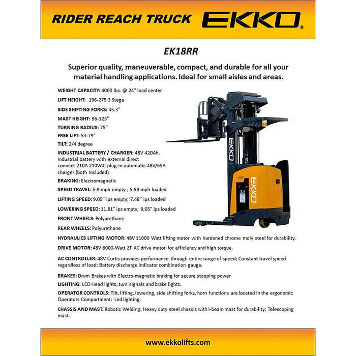Electric Reach Truck | 4000 lbs. Capacity | Lift Height 275'' | EKKO EK18RR