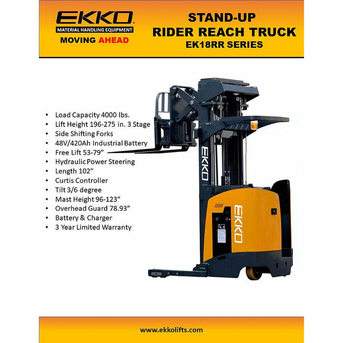 Electric Reach Truck | 4000 lbs. Capacity | Lift Height 196'' | EKKO EK18RRL