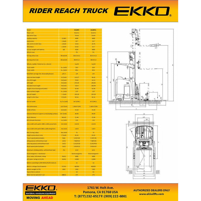 Electric Reach Truck | 4000 lbs. Capacity | Lift Height 196'' | EKKO EK18RRL