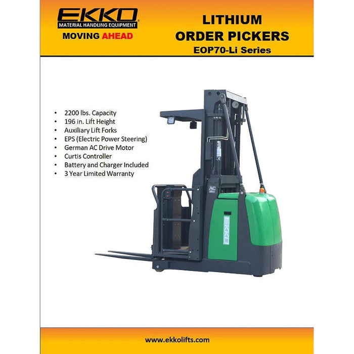 Electric Order Picker | 2200 lbs. Capacity | Lift Height 196''| EKKO EOP70-LI