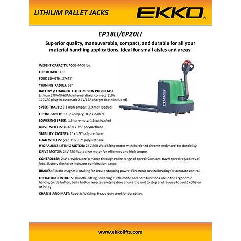 Electric Pallet Jack | Lithium Iron |4000 lbs Capacity | EKKO EP18LI