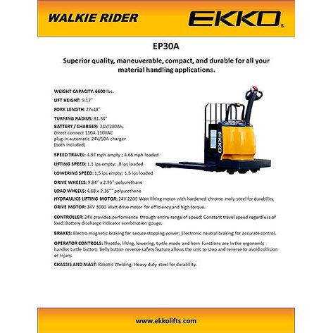 Pallet Jack |  Electric Rider | 6600 lbs Capacity | EKKO EP30A