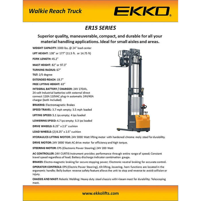 Electric Walkie Reach Truck | 3300 lbs. Capacity | Lift Height 177''| EKKO ER15
