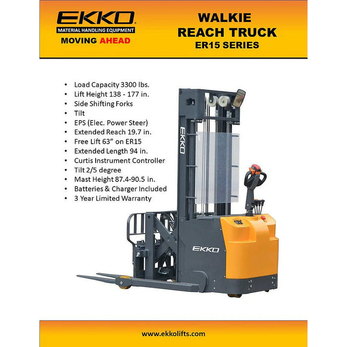 Electric Walkie Reach Truck | 3300 lbs. Capacity |  Height 138''| EKKO ER15L