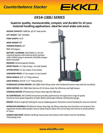 Counterbalanced Walkie Stacker | 3300 lbs Capacity | Raised Height 130'' | EKKO EK14S-130LI