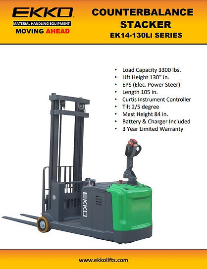 Counterbalanced Walkie Stacker | 3300 lbs Capacity | Raised Height 130'' | EKKO EK14S-130LI