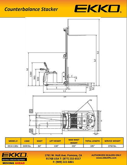 Counterbalanced Walkie Stacker | 3300 lbs Capacity | Raised Height 130'' | EKKO EK14S-130LI