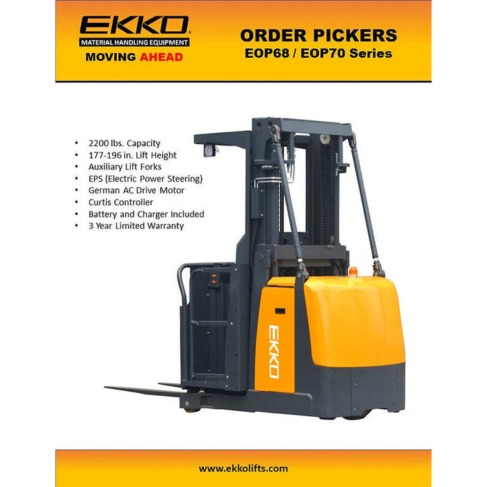 Electric Order Picker | 2200 lbs. Capacity |Lifting Height 177''| EKKO EOP68