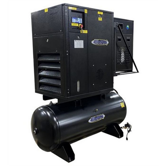 Emax Compressor 15HP 3PH Industrial Rotary Screw Compressor-120 Gal Tank Mount w/Air Dryer EMXERIK015003